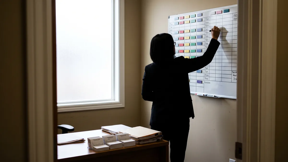 Recepción revisando agenda y ausencias en pantalla