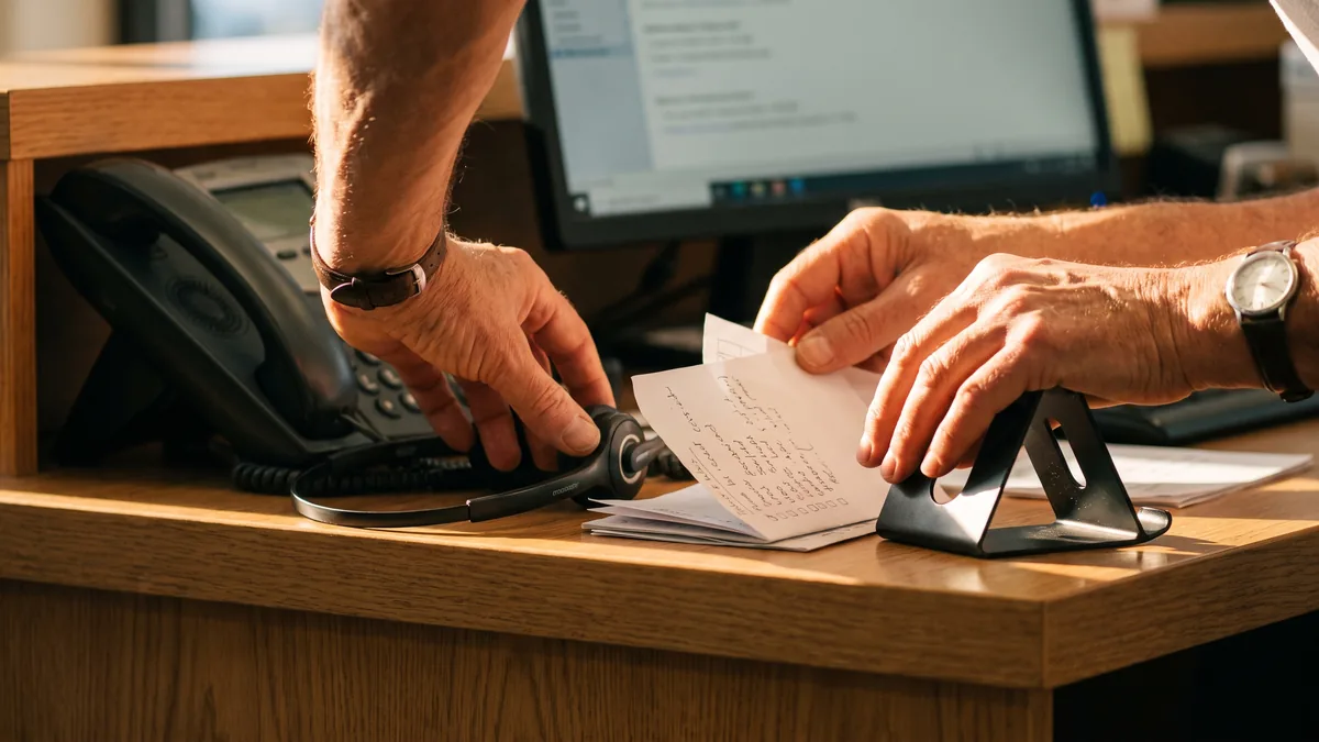 Profesional preparando una videoconsulta con portátil y auriculares