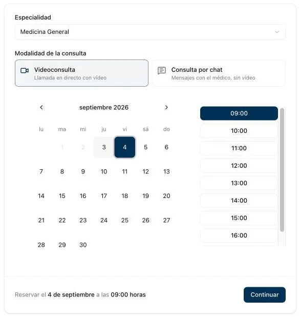 Captura real del software: la reserva pública con especialidad, calendario y huecos de media hora